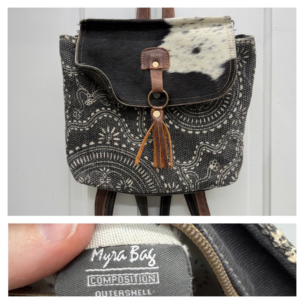 Myra Bag Carry Me back pack cow hide white grey paisley‎ canvas 10.5 x 3.5 x 9.5